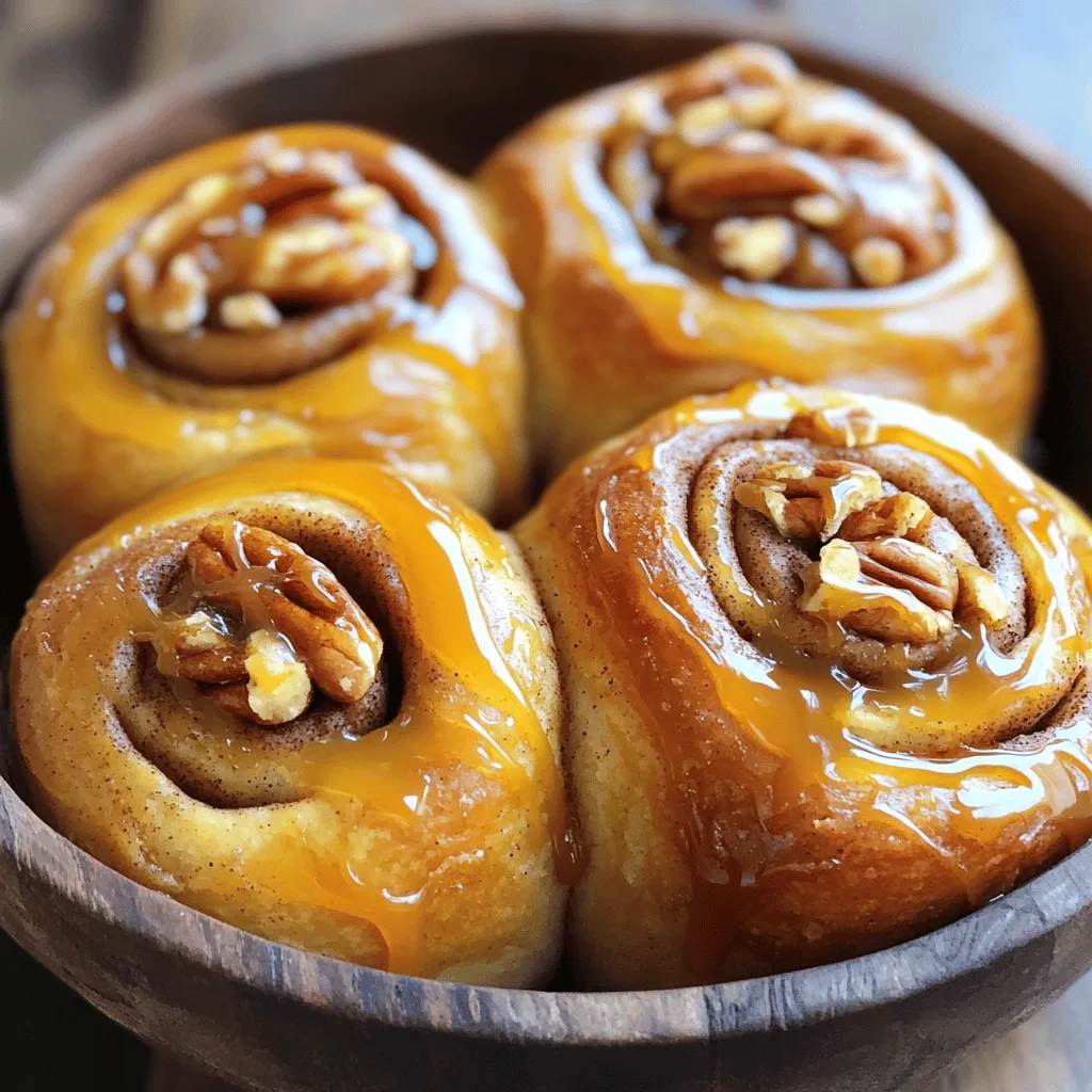 To make these tasty rolls, gather these simple ingredients: - 4 cups all-purpose flour - 1/4 cup granulated sugar - 2 teaspoons instant yeast - 1 teaspoon salt - 1 cup warm milk (approximately 110°F) - 1/4 cup unsalted butter, melted - 1 large egg - 1 tablespoon vanilla extract - 1 tablespoon ground cinnamon - 1/2 cup packed light brown sugar - 1/2 cup chopped pecans - 1/2 cup caramel sauce, plus extra for drizzling on top These ingredients create a soft dough and a sweet filling that everyone loves. If you need gluten-free options, use a gluten-free flour blend. Look for one that has xantham gum. For a vegan version, replace the butter with coconut oil and the egg with flaxseed meal mixed with water. You can also use almond or oat milk instead of regular milk. These swaps help everyone enjoy the rolls, no matter their dietary needs. Fresh ingredients make a big difference. Here are some tips: - Flour: Check for freshness by looking for a clean, dry bag with no clumps. - Yeast: Make sure your yeast is active. Check the expiration date. Fresh yeast helps the rolls rise well. - Milk: Use whole milk for a richer taste. It should not be too cold or too hot. - Butter: Choose unsalted butter for better control of salt in your recipe. - Pecans: Look for pecans that are whole and crunchy. Avoid any that smell rancid. Using fresh ingredients ensures your caramel pecan cinnamon rolls taste the best. For the full recipe, follow the steps to create this delightful dish. To make the dough, start with a large bowl. Whisk together the all-purpose flour, granulated sugar, instant yeast, and salt. This mix needs to blend well. Next, in another bowl, combine warm milk, melted butter, egg, and vanilla extract. Whisk until smooth. Slowly add this liquid mixture to the dry ingredients. Stir until a shaggy dough forms. Transfer it to a floured surface. Knead the dough for about 5 to 7 minutes. It should feel smooth and slightly tacky. Place the dough in a greased bowl, covering it with a cloth. Let it rise in a warm spot for about 1 hour. It should double in size. Once the dough has risen, gently punch it down. Roll it out on a floured surface into a rectangle. Aim for about 16 inches by 12 inches. In a small bowl, mix the packed brown sugar and ground cinnamon. Spread the melted butter over the dough. Then, sprinkle the cinnamon sugar mixture on top. Distribute the chopped pecans evenly over this layer. Starting from one long edge, roll the dough tightly into a log shape. Pinch the seams to seal it. Cut the log into 12 even pieces. Place them in a greased 9x13-inch baking pan, leaving space between each roll. Drizzle caramel sauce over the rolls, allowing it to seep in. Cover the pan with a cloth and let the rolls rise again for about 30 minutes. Preheat your oven to 350°F (175°C). Bake the rolls for 25 to 30 minutes. They should be golden brown, and a toothpick should come out clean. Once baked, take them out of the oven and let them cool slightly. Drizzle more caramel sauce over the warm rolls for extra flavor. Serve them warm and enjoy the gooey goodness. For detailed preparation steps, check the Full Recipe. One common mistake is using cold milk. Always use warm milk to activate the yeast. If the milk is too hot, it can kill the yeast. Another mistake is not letting the dough rise enough. If you skip the rise time, your rolls will be dense and heavy. Also, avoid rolling too tightly. If the rolls are too tight, they won’t rise well while baking. For soft and fluffy cinnamon rolls, use a good balance of flour and moisture. Start with the right amount of flour; too much flour makes the rolls dry. Knead the dough until it feels smooth, not sticky. This step helps develop the gluten, giving the rolls their soft texture. Letting the dough rise until it doubles in size is key. This will ensure your rolls are airy and light. Using the right tools can make a big difference. A large mixing bowl helps you combine ingredients easily. A kitchen scale ensures accurate measurements, especially for flour. A rolling pin is essential for shaping the dough. Use a sharp knife or dental floss to cut the rolled dough evenly. Finally, a 9x13-inch baking pan is perfect for baking your cinnamon rolls. Each tool plays a role in helping you achieve the best results. {{image_4}} You can switch up the filling and toppings for fun flavors. Instead of pecans, try walnuts or almonds. You can also add chocolate chips for a sweet twist. For a fruity touch, mix in some dried cranberries or apples. If you want a cream cheese filling, blend cream cheese with sugar and a bit of vanilla. Each option gives a new taste to your cinnamon rolls. Seasonal flavors make baking exciting! In fall, add pumpkin spice to the filling. Mix pumpkin puree with cinnamon, nutmeg, and a bit of sugar for a warm fall flavor. In winter, consider a chocolate-filled option. Spread melted chocolate on the dough before rolling it up. These seasonal variations keep your cinnamon rolls fresh and fun all year. If you want a healthier treat, you can make simple changes. Use whole grain flour instead of all-purpose flour. This adds fiber and nutrients to your rolls. You can also cut back on sugar. Use half the amount in the dough and filling. Natural sweeteners like honey or maple syrup can also work well. These options let you enjoy delicious cinnamon rolls with a bit less guilt. For a full recipe to get started, check the detailed instructions provided earlier. To keep your cinnamon rolls fresh, place them in an airtight container. You can also wrap them tightly in plastic wrap. This helps prevent them from drying out. Store them at room temperature for up to two days. If you want to keep them longer, consider freezing them. Reheat cinnamon rolls in the microwave for about 15-20 seconds. This warms them up and keeps them soft. You can also use the oven for reheating. Wrap them in foil and heat at 350°F (175°C) for about 10 minutes. This method keeps the rolls from getting too chewy. To freeze cinnamon rolls, let them cool completely first. Then, wrap each roll in plastic wrap and place them in a freezer bag. Seal the bag tightly to avoid freezer burn. You can freeze them for up to three months. When ready to eat, let them thaw in the fridge overnight before reheating. This method ensures you have a delicious treat ready whenever you crave one. For a full recipe, check the detailed steps on how to create these delightful treats! You can make these rolls ahead by preparing the dough. After you knead it, place it in the fridge overnight. This slows down the rising process. When ready to bake, let the dough warm up for about 30 minutes. Shape and rise it as usual. You can also bake them and store them in an airtight container. Just reheat them before serving. If you want to switch out pecans, try walnuts or almonds. Both add nice crunch and flavor. You can also skip nuts altogether for a nut-free version. Just add a bit more cinnamon sugar to keep it tasty. To check if the rolls are done, look for a golden-brown color on top. Insert a toothpick into the center; it should come out clean. If the rolls feel firm but bouncy, they are baked well. Make sure not to overbake, or they may dry out. You’ve learned how to make caramel pecan cinnamon rolls. I covered ingredients, step-by-step instructions, and helpful tips. I shared variations for fun flavors and storage tips to keep them fresh. Remember, using fresh ingredients makes a big difference. Avoid common mistakes to get the right texture. Now, you can enjoy these rolls any time! Get creative with toppings and fillings to make each batch special.
